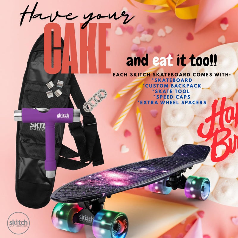 SKITCH Complete Skate Board for Kids 8-12 4-6-8-10 6-12 Year Old Beginner Girls Children Gift Set 22 Inch Penny Board Mini Cruiser Bearing Pink Skateboards Backpack Skate Tool (Purple Galaxy LED+) - Image 2